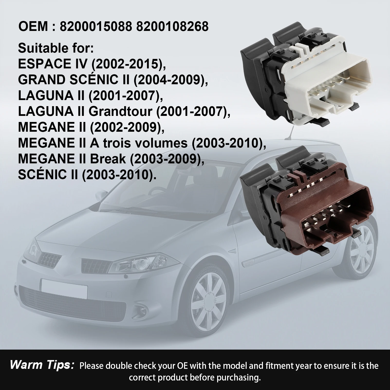Image of 8200108268 Doppelter elektrischer Fensterheberknopf vorne links 8200015088, FÜR Espace IV, Laguna II, Megane II, Scenic II
