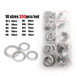 355pcs/set M2.5 to M16 DIN9250 304 Stainless Steel Knurled Elastic Gasket Disc Spring Serrated Lock Washer Assortment Kit Set