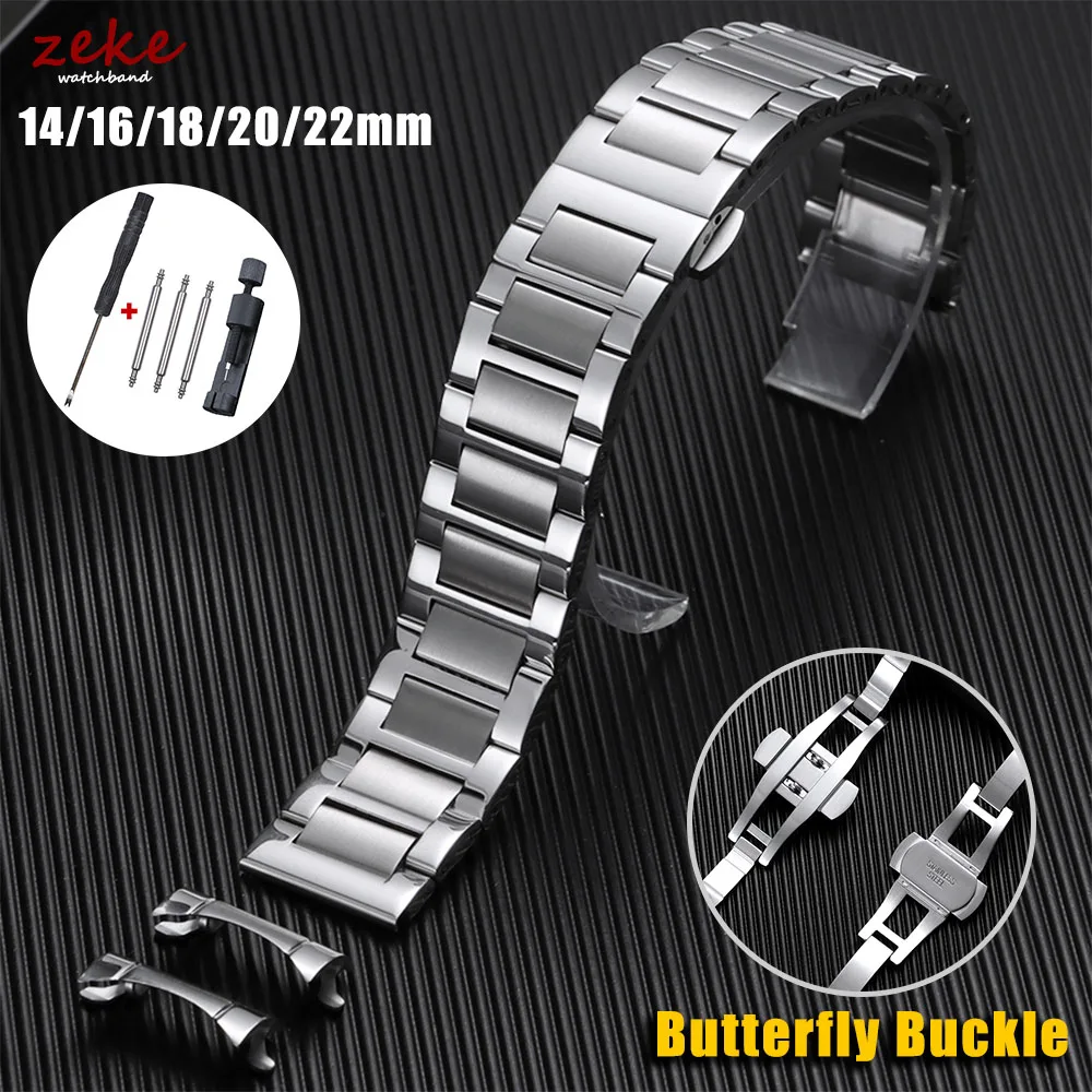 Arc Flat End Solid Stainless Steel Watchband for Tissot Butterfly Clasp Strap 14mm 16mm 18mm 20mm 22mm Universal Accessories