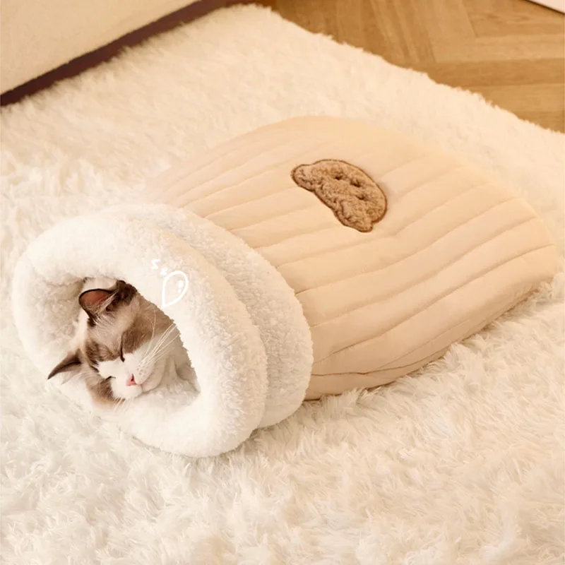 Winter Cat Nest Sleeping Bag Drill Hole Fully Wrapped Warm Safety Half Closed Kitten Nest Pet Sleeping Bag Dog Bed House