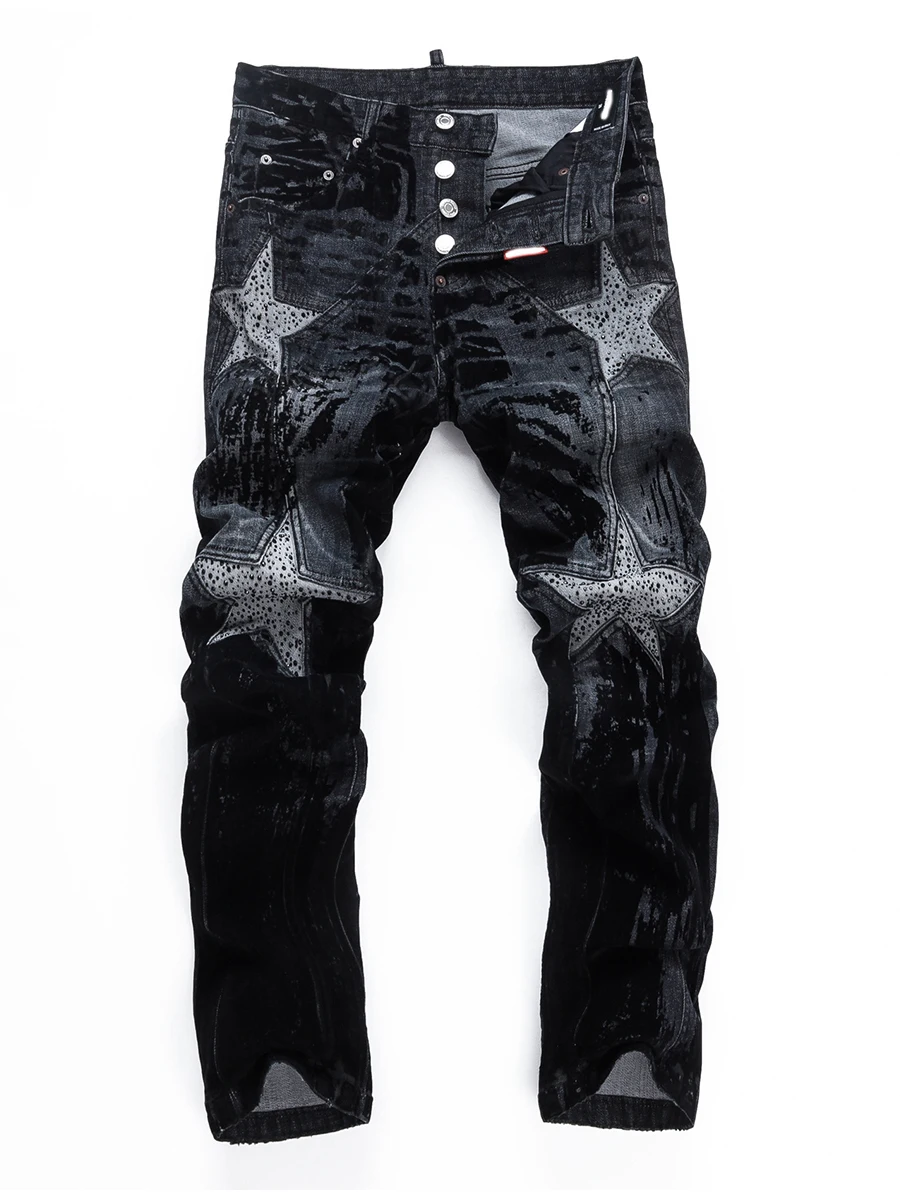 

American High Street Sle Skinny Ripped Jeans Men's Slim Fit Denim Pants Star Patch Faionable Urban Youth Wear