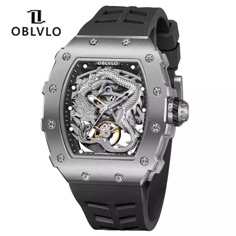 OBLVLO Luxury 3D Dragon Automatic Watch For Men Luminous Sapphire Glass Waterproof Self Winding Mechanical Mens Watch