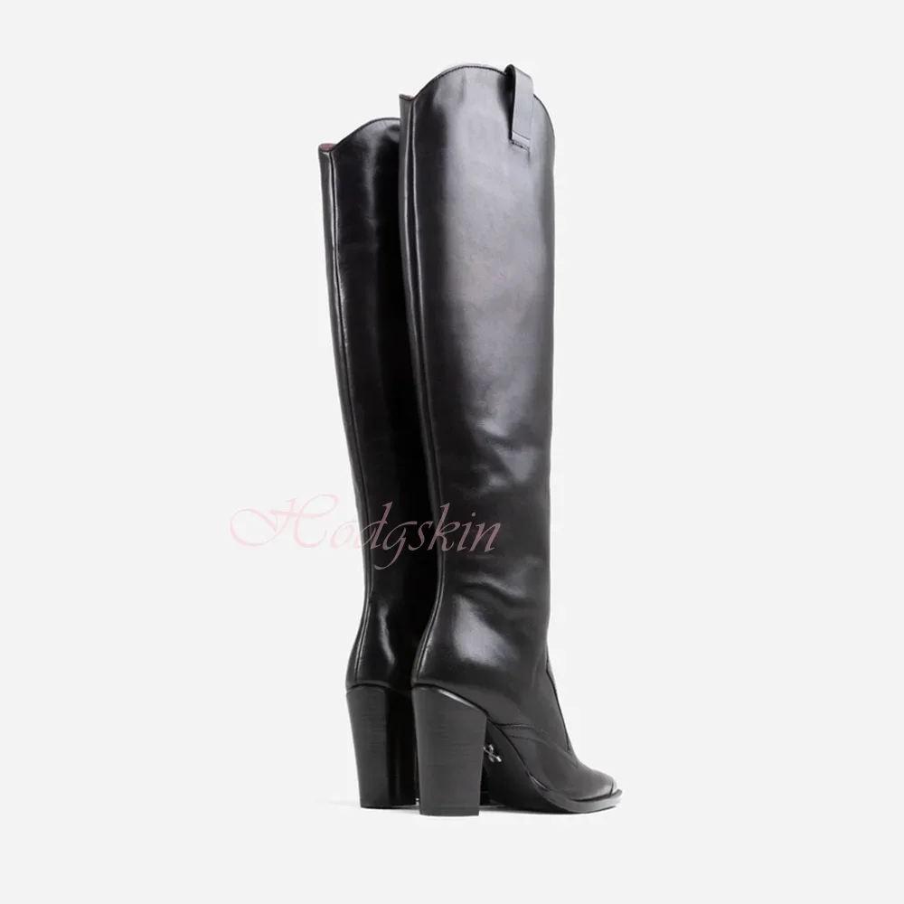 Metal Pointy Toe Boots Knee High Chunky High Heels Solid Leather Slip On Long Boots Women Sexy Shoes Winter Party Designer Black