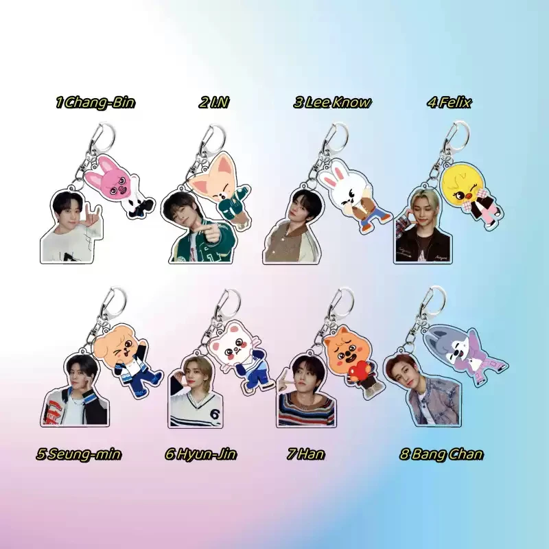 

SKZ Half-Body Pose Photo and Chibi Cartoon Version Acrylic Keychain Kpop Collectible Fan Goods Leekonw Hyunjin Felix Han I.N