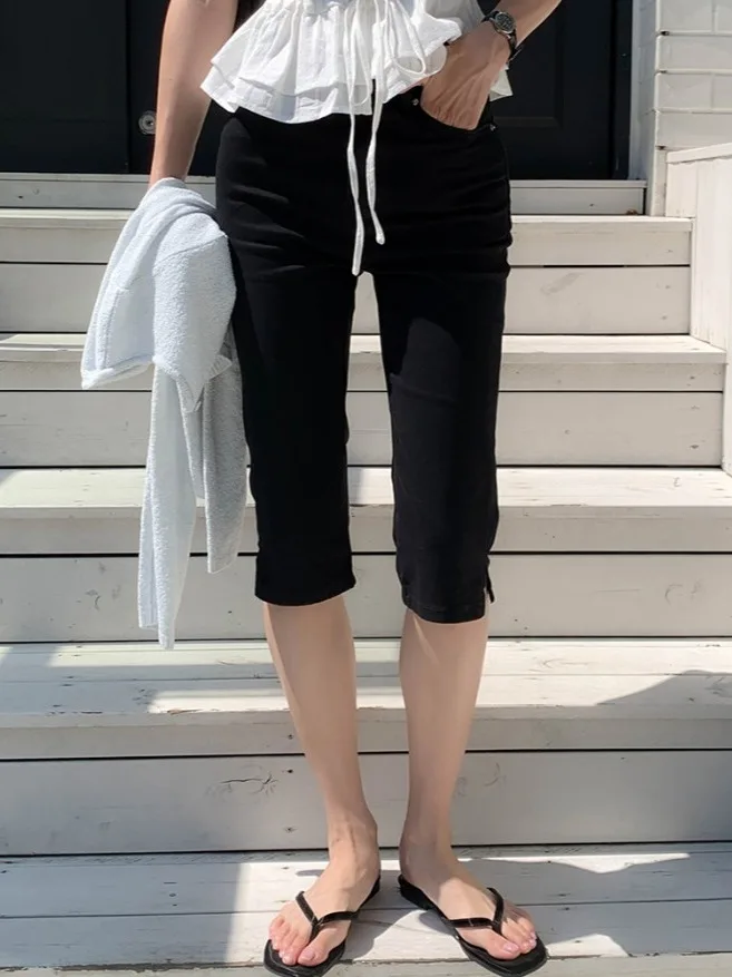 

High Waist Slimming Pocketed Jeans Short Six Seven Length Casual Straight Leg Standard Fit Breathable Comfortable mid Stretch