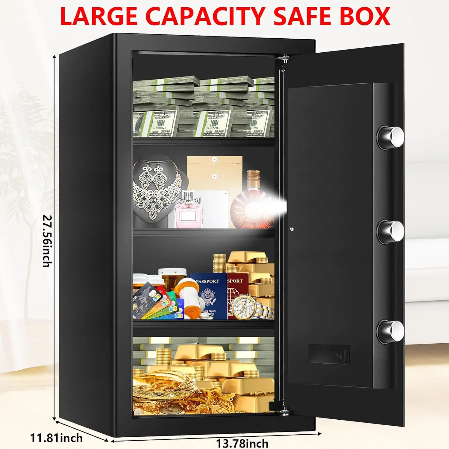 6.2 Cuft Large Home Safes Water and Fireproof with Digital Keypad & Key Lock, Fire Security Safe Box with 3 Removable Shelves, F