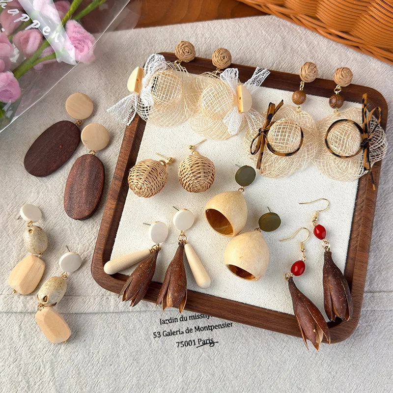 Minar Stylish Multiple Wood Beads Resin Acrylic Rattan Knit Geometric Straw Hat Bowknot Drop Earrings for Women Holiday Jewelry