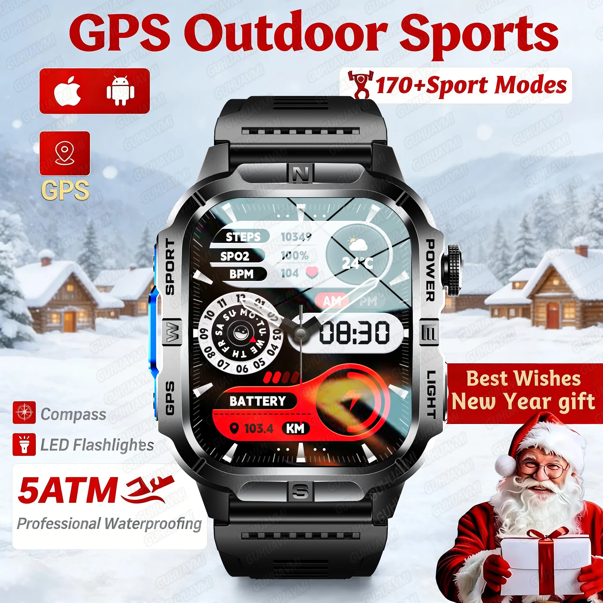 

2026 New Built in GPS Compass Smart Watch Men 5ATM Waterproof Sports tracker Flashlight BT Call Outdoors Military Smartwatches
