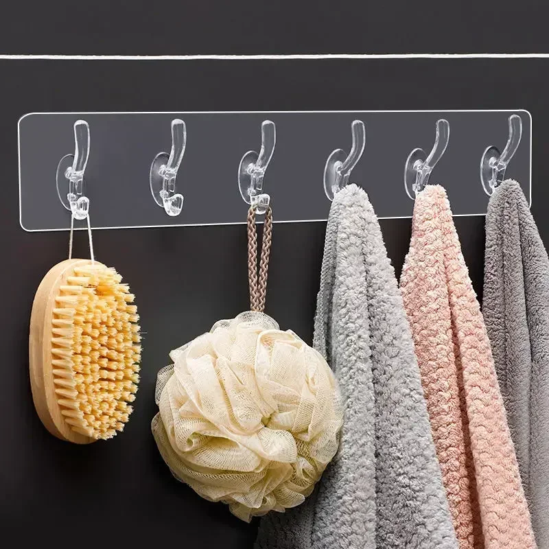 6Row Multipurpose Hooks Nail-free Transparent Holder Strong Self Adhesive Wall Hook Kitchen Bathroom Traceless Hanger Stickers