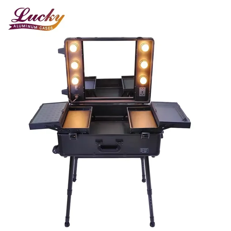 Professional Rolling Makeup Train Case with LED Light and Mirror Portable Cosmetic Organizer Trolley Vanity Storage Box for
