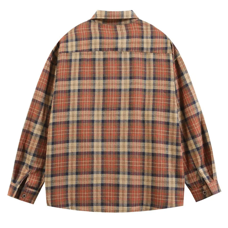 American plaid commuting long sleeved shirt, loose and fashionable trend on the streets in early autumn, couple casual top trend