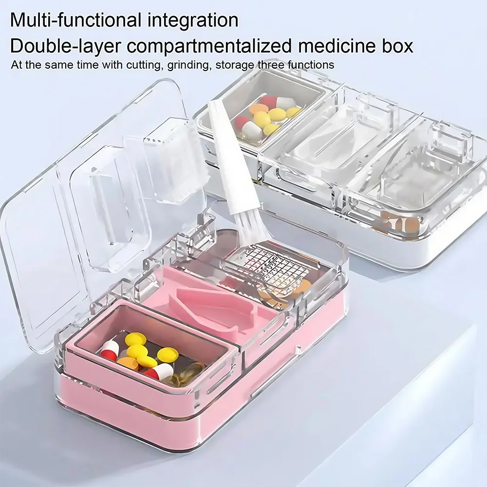 Pill Organizer with Crusher and Cutter, Portable 3 in 1 Medicine Organizer Waterproof & Moisture-Proof, Large Capacity Pill Box