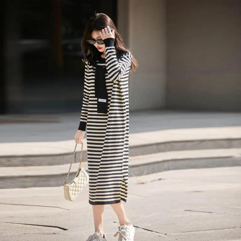 

Early Autumn Striped Knitted Sweater Dress Women, Fashionable And Versatile, Age-Reducing Base Dress, Korean Style Loose Mid