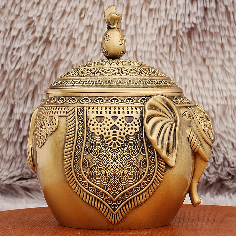 Brass Wealth Elephant Canister with Lid Lucky Bag Rice Jar Treasure Bowl Living Room Tea Tabletop Pure