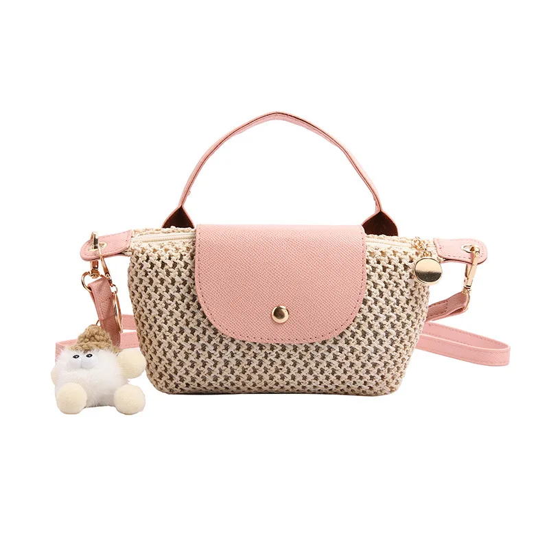 

2025 New Straw Braided Small Handbags Seaside Beach Holiday Shoulder Bag Lady Trendy Woven Crossbody Bag with Cartoon Pendant