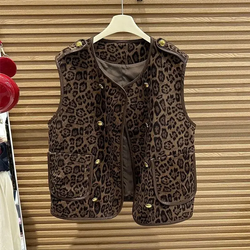 

Жилет с леопардовым принтом, женский осенне-зимний винтажный двубортный модный тонкий короткий жилет без рукавов, топ