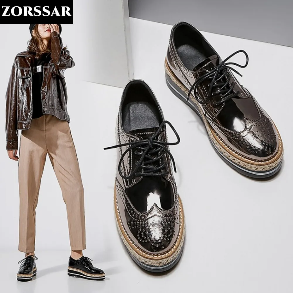 

2024 Spring Autumn New Women Derby Platform Gold Flats Brogue Leather Lace Up Classic Bullock Footwear Female Oxford Shoes Lady