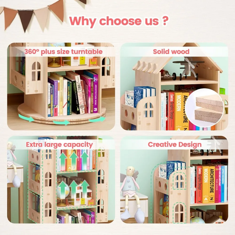 Rotating Bookshelf 360 Display 4 Tier Floor Standing Bookcase Storage Rack for Kids&Adults Bookshelf, Wood Book Shelf