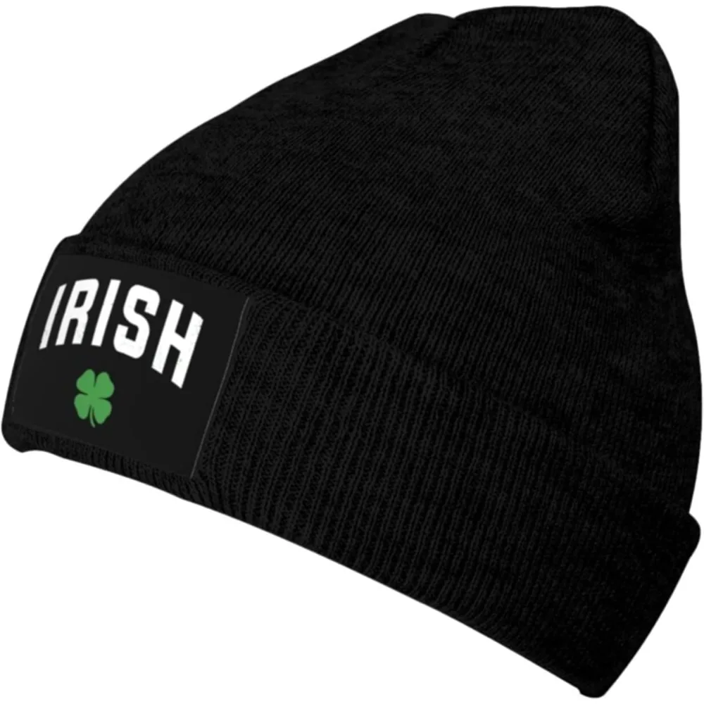 Distressed Irish St Paddys Day Shamrock Knit Cap Unisex Winter Warm Knitted Hat Black