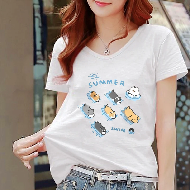 

Fun Cat and Dog Swimming Style T-Shirt Female Casual T-Shirts Summer Tops Fashion Breathable Tee Clothing