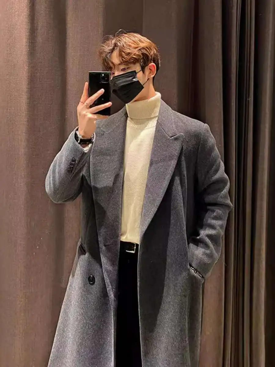 

Мужское зимнее длинное пальто Thiened, повседневное модное корейское шерстяное пальто чистого цвета, ветрозащитное модное мужское пальто