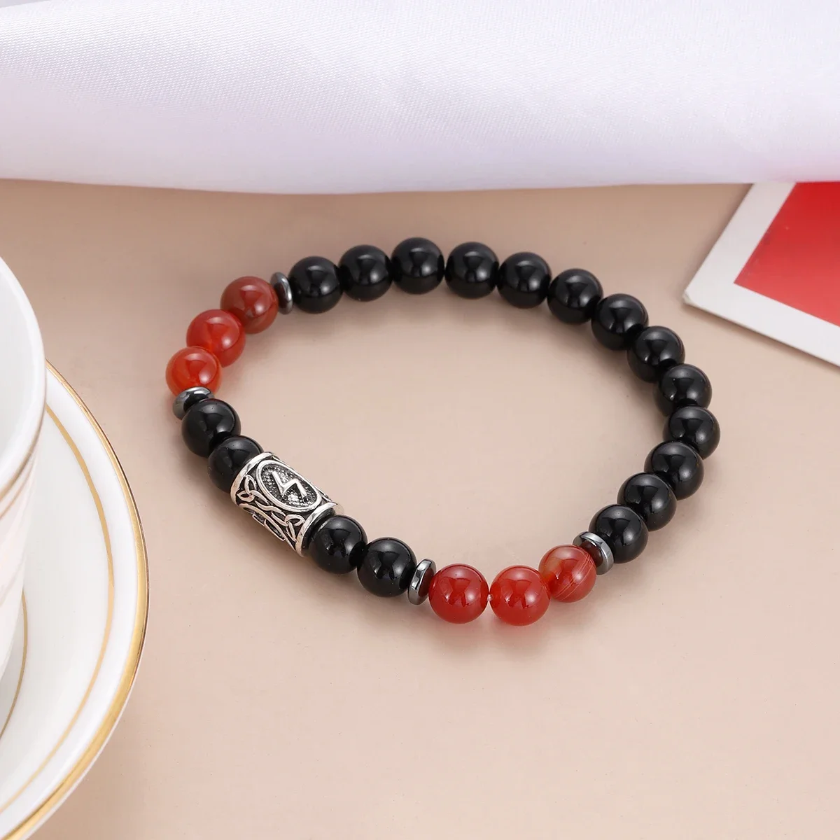 Ethnic Viking Runes Charm Bracelet for Men 8Mm Natural Obsidian Tiger Eye Stone Handmade Bangles Bangles Hombre Viking Jewelry view 3