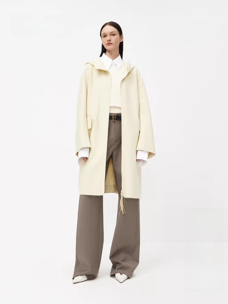 

Женское двустороннее шерстяное пальто с капюшоном на молнии, осенняя новинка, модель EBC3OVC00, длинное, средней длины, однотонное