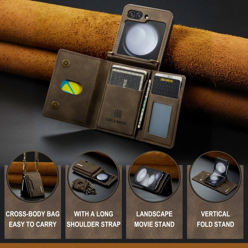 Magnetische lederen portemonnee kaartsleuf schokbestendig telefoonhoesje standaard cover achtertas met schouderband voor Samsung Galaxy Z Flip 5 4 3