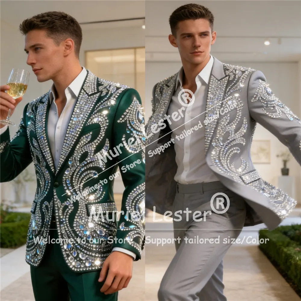 

Sliver Beaded Stones Suits Men For Wedding Single Breasted Jacket Pants 2 Pieces Groom Formal Party Tuxedos trajes para hombre