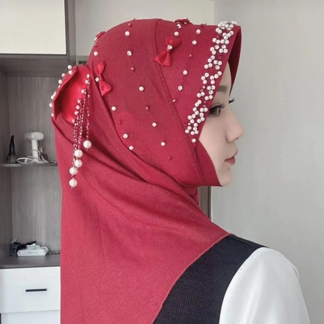 Pearls Bow Decor Moslem Sweet Girls Shawls Hat Hijab Wraps