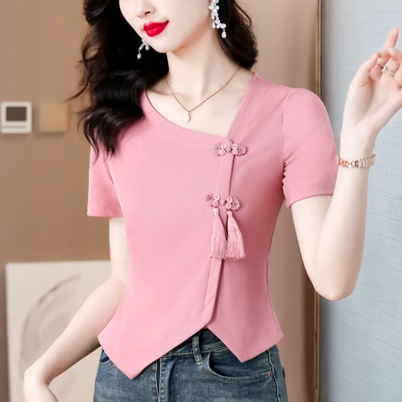 Short Crop Tops New 2024 Fashon Women Summer Slim Fitted Solid Cute Bow Tie Button Black Pink Shirt Blouses