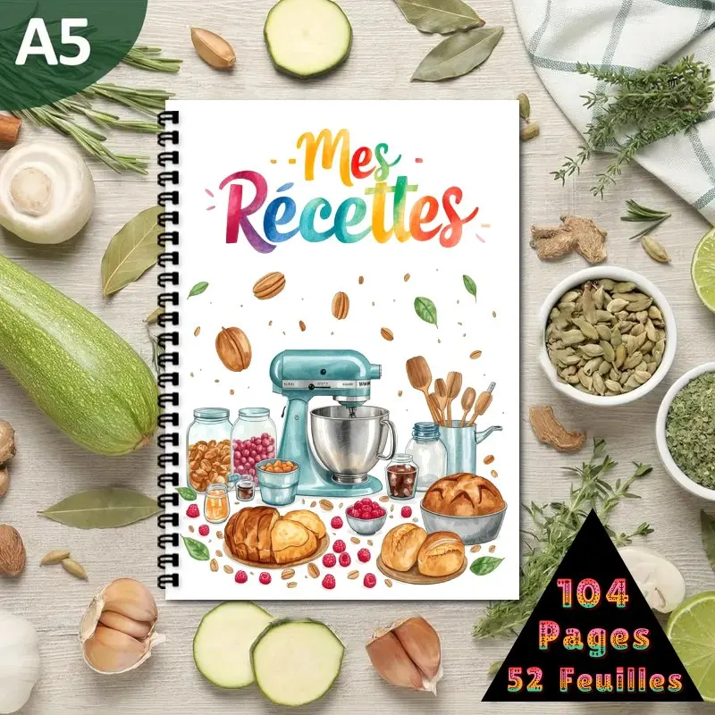 A5 Spiral Binding French cookbook,Recipe Collection Book,Can Hold Up to 100 Recipes.    Berries,and Bread Baking Inspired Design
