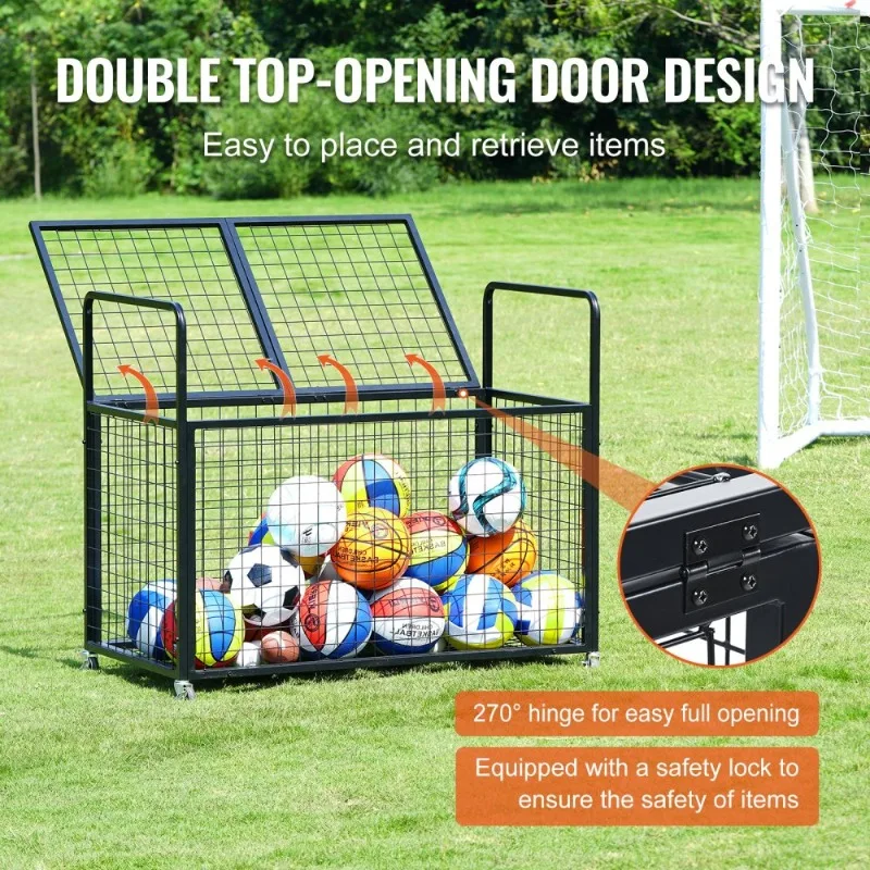 Steel Rolling Sports Equipment Organizer Lockable Ball Storage Cart  Double Lids Basketball Cage Easy To Maneuver