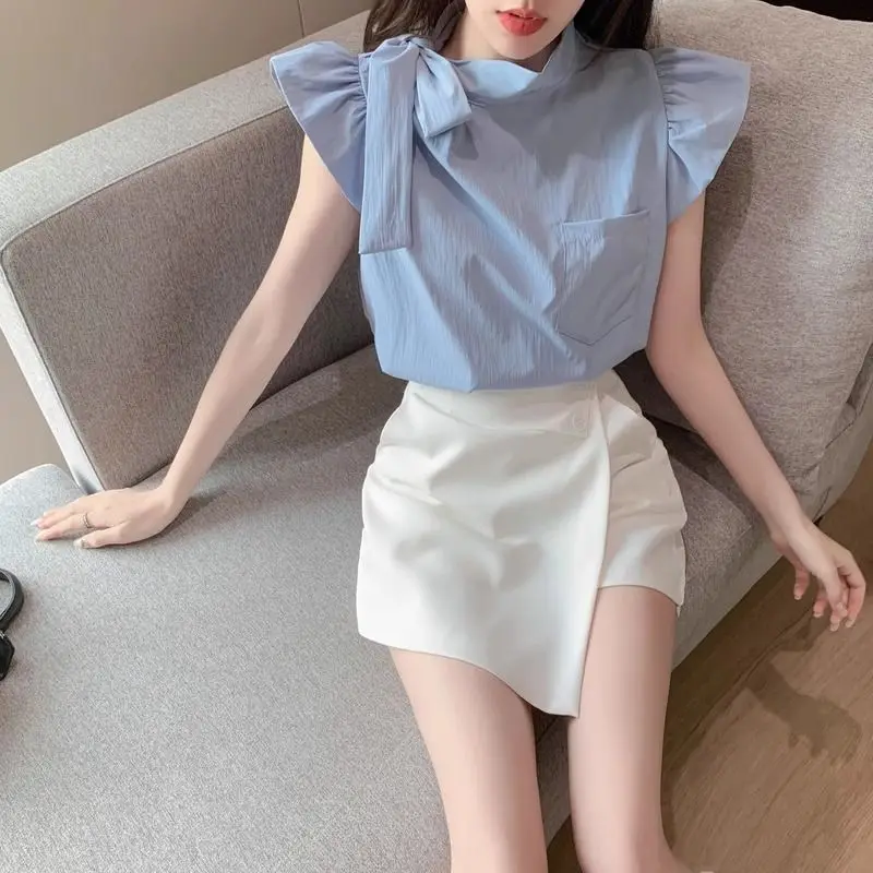 Summer Retro French Tie Bow Design Chiffon Shirts Solid Color Sweet Short Pleated Shirt Tops All-match Korean Women Clothing