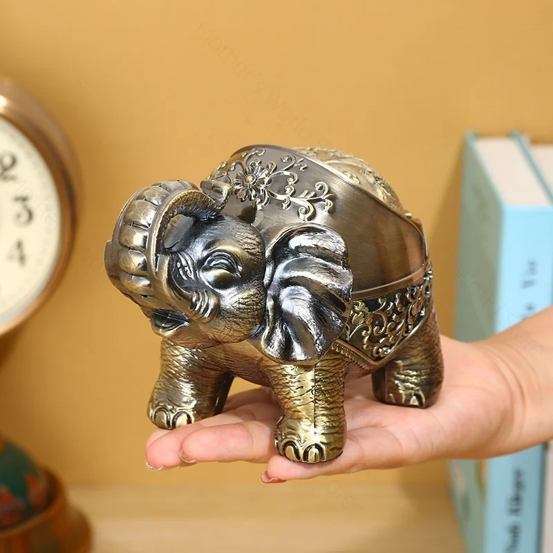 

2026 New Elephant Metal Ashtray - Large Windproof Covered Ash Tray for Home/Office, Unique Animal Decor