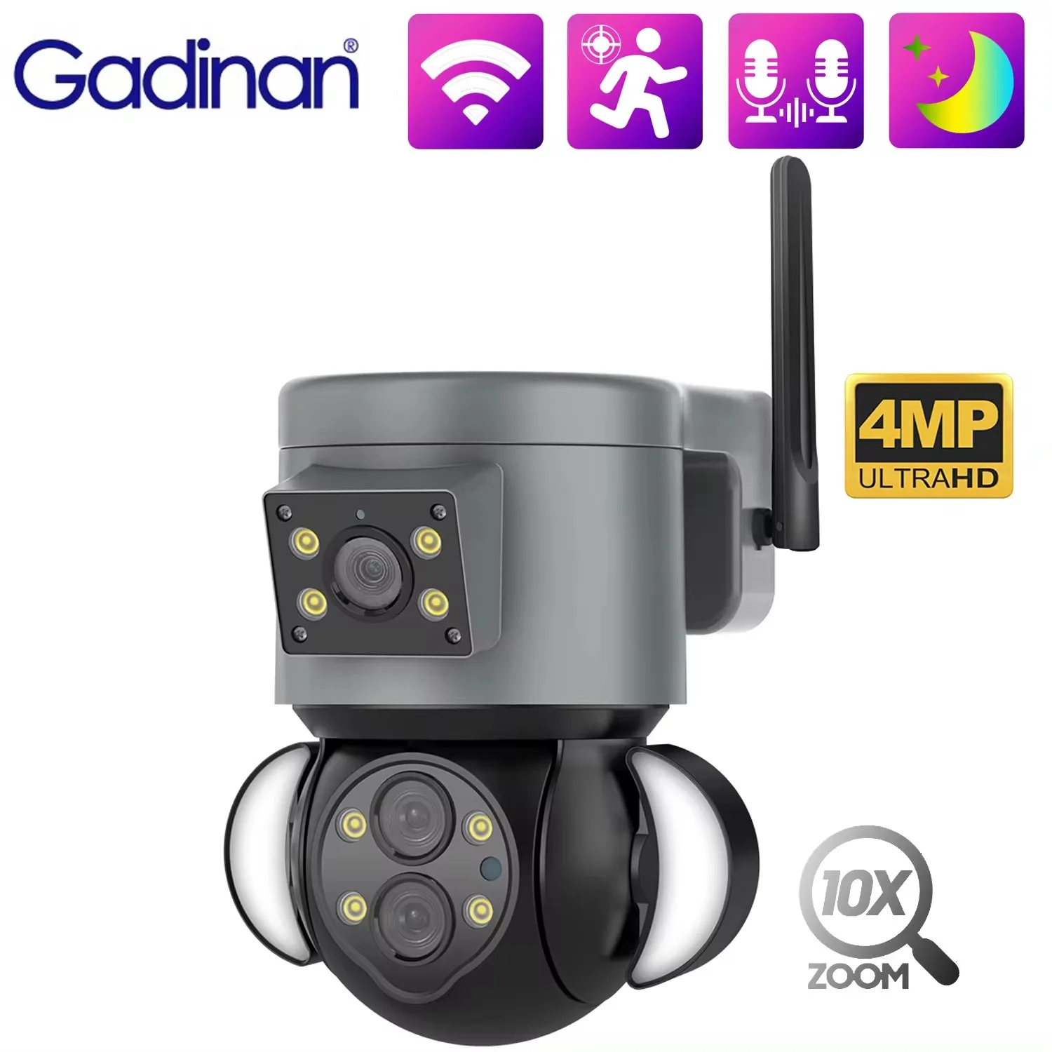 

Gadinan HD 4MP WIFI PTZ Dual Channel Video Motion Tracking IP Camera Color Night Vision Wide Angle 10x Zoom Surveillance Camera