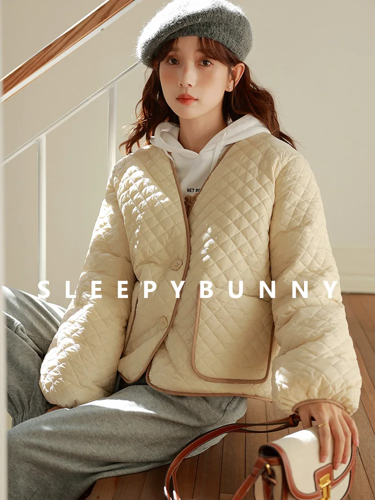

Sweet Lantern Sleeve Quilted Down Jacket Women Lightweight Short Puffer Coat with Contrast Trim Warm Stylish Winter Outerwear