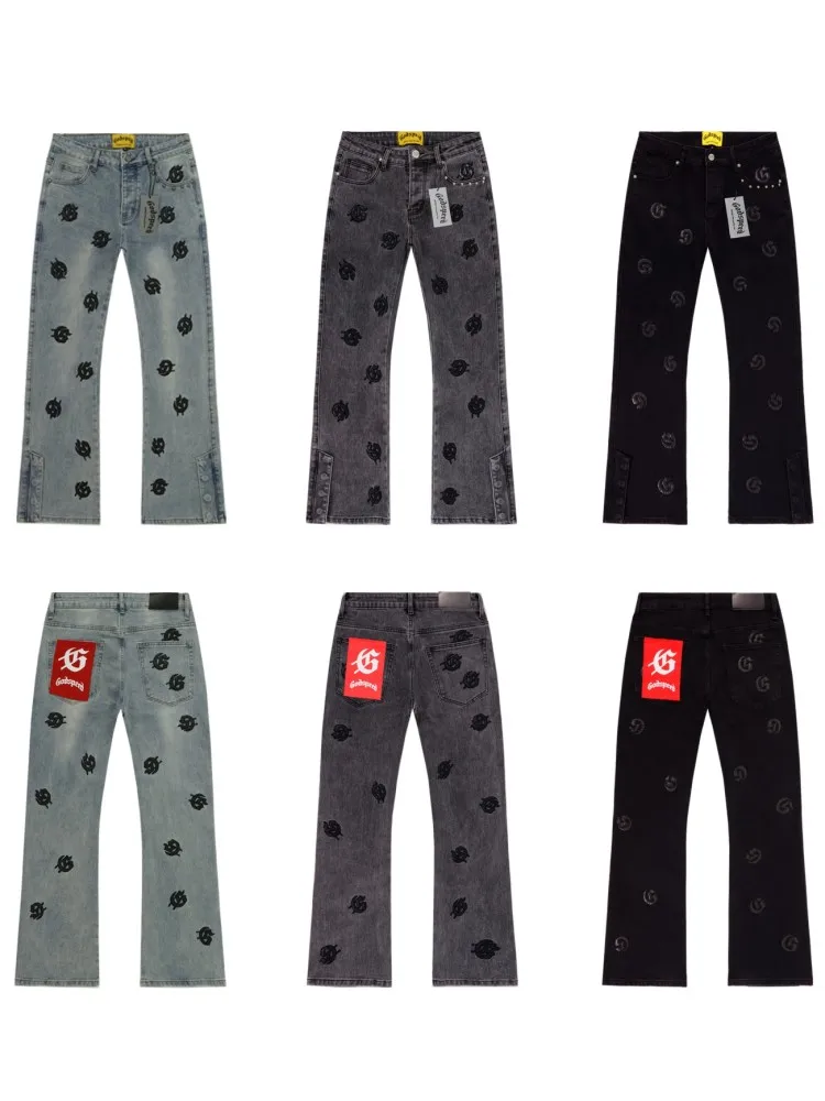 

Джинсы с вышивкой в американском стиле, мужские джинсы High Street Trend, расклешенные длинные брюки с микро-расклешенными брюками, женские повседневные прямые брюки...