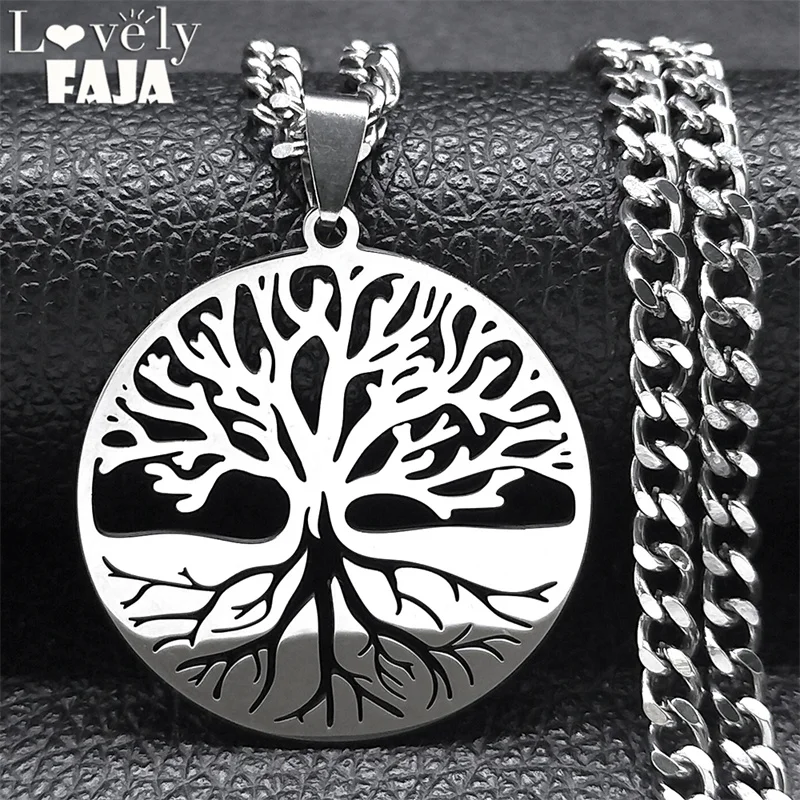 Tree of Life Round Necklace for Men Women  Aesthetic Stainless Steel Silver Color Hollow Plant Necklaces Jewelry Gifts N9744S03