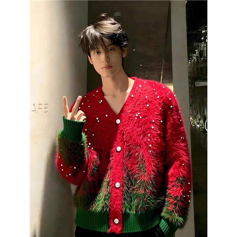 

Cisas Aosphere Fake Fur Red Open Cardigan Sweater Men's Winter Diamond Embedded High-End Knitted Outerwear