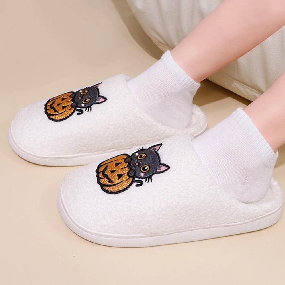 

Плюшевые тапочки на Хэллоуин, термотапочки на плоской подошве, удобные пушистые домашние тапочки, нескользящие тапочки с милым котом для домашней спальни