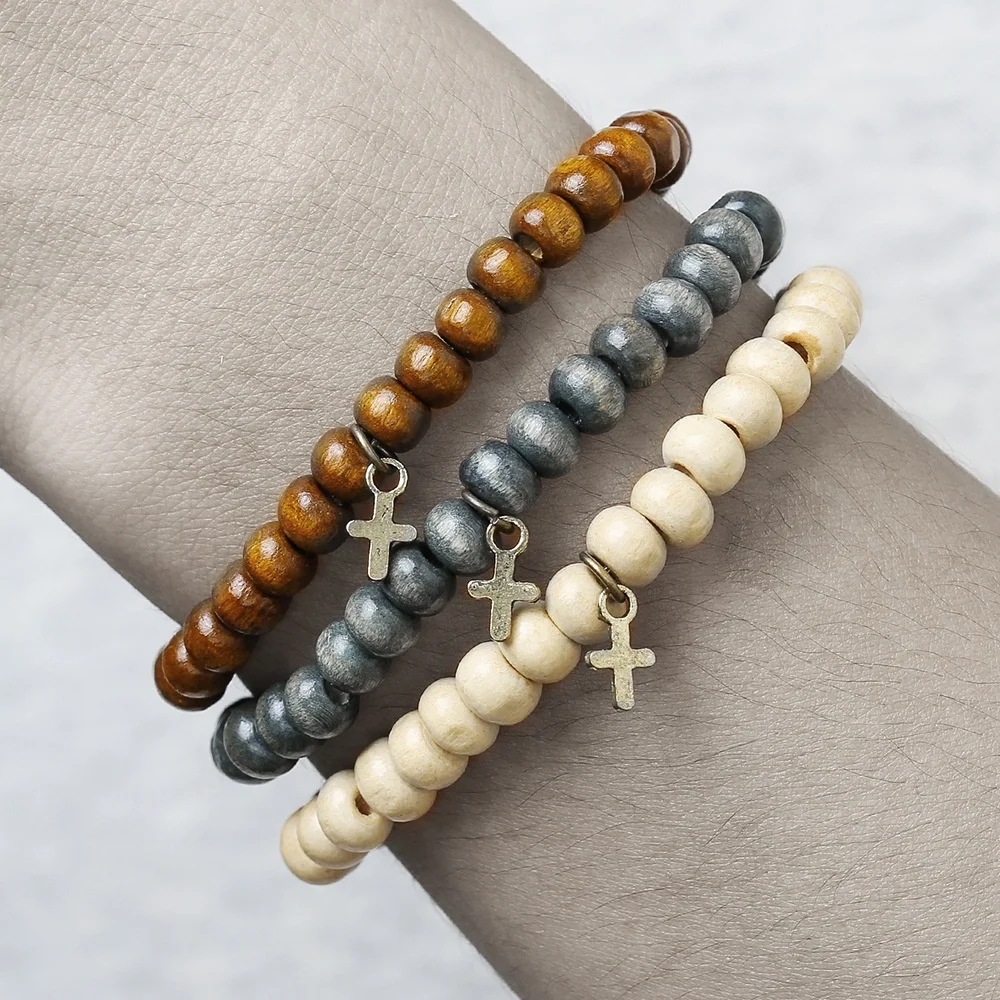 Retro-Holzperlen-Armband für Männer, einfaches Kreuzanhänger-Armband-Set, modischer Schmuck, trendige Accessoires – Detail 6