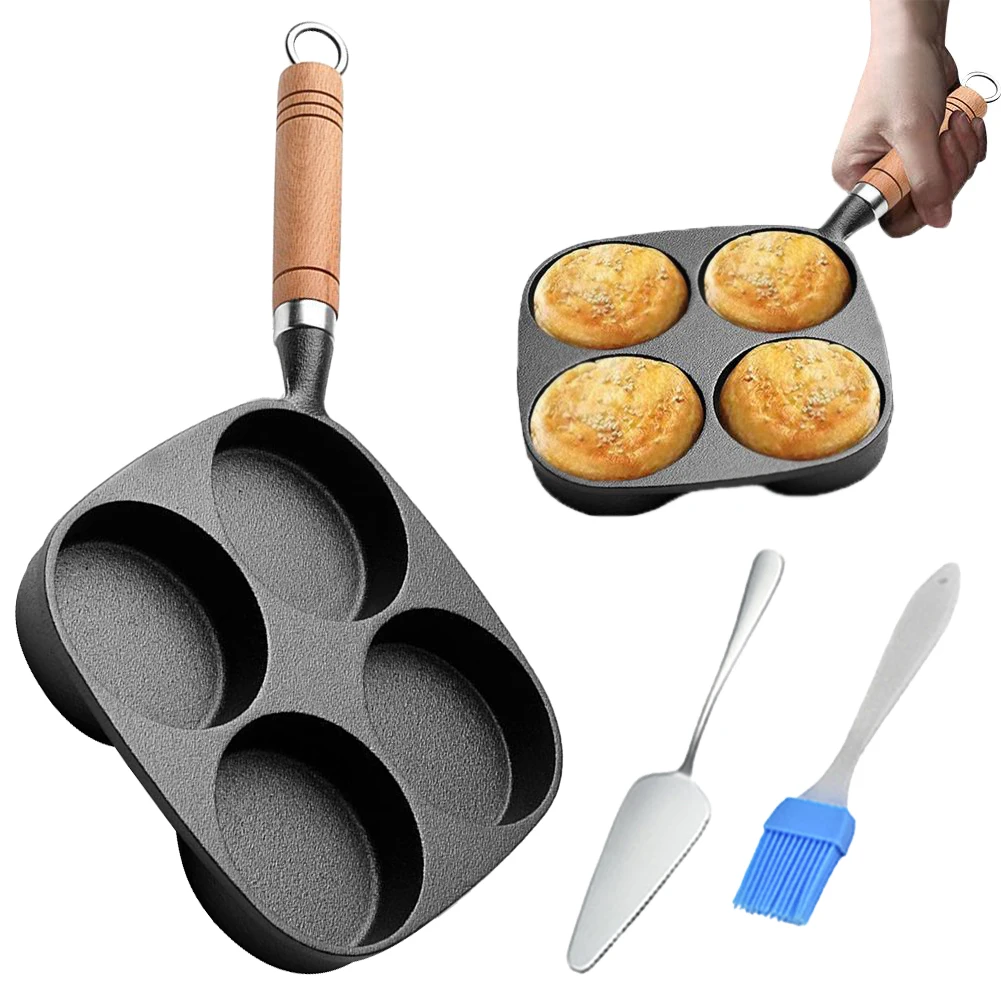 4-Cup Cast Iron Pancake Pan Non Stick Egg Cooker with Handle Omelette Pan Fried Egg Pan for Breakfast Fried Egg Pancakes Steaks