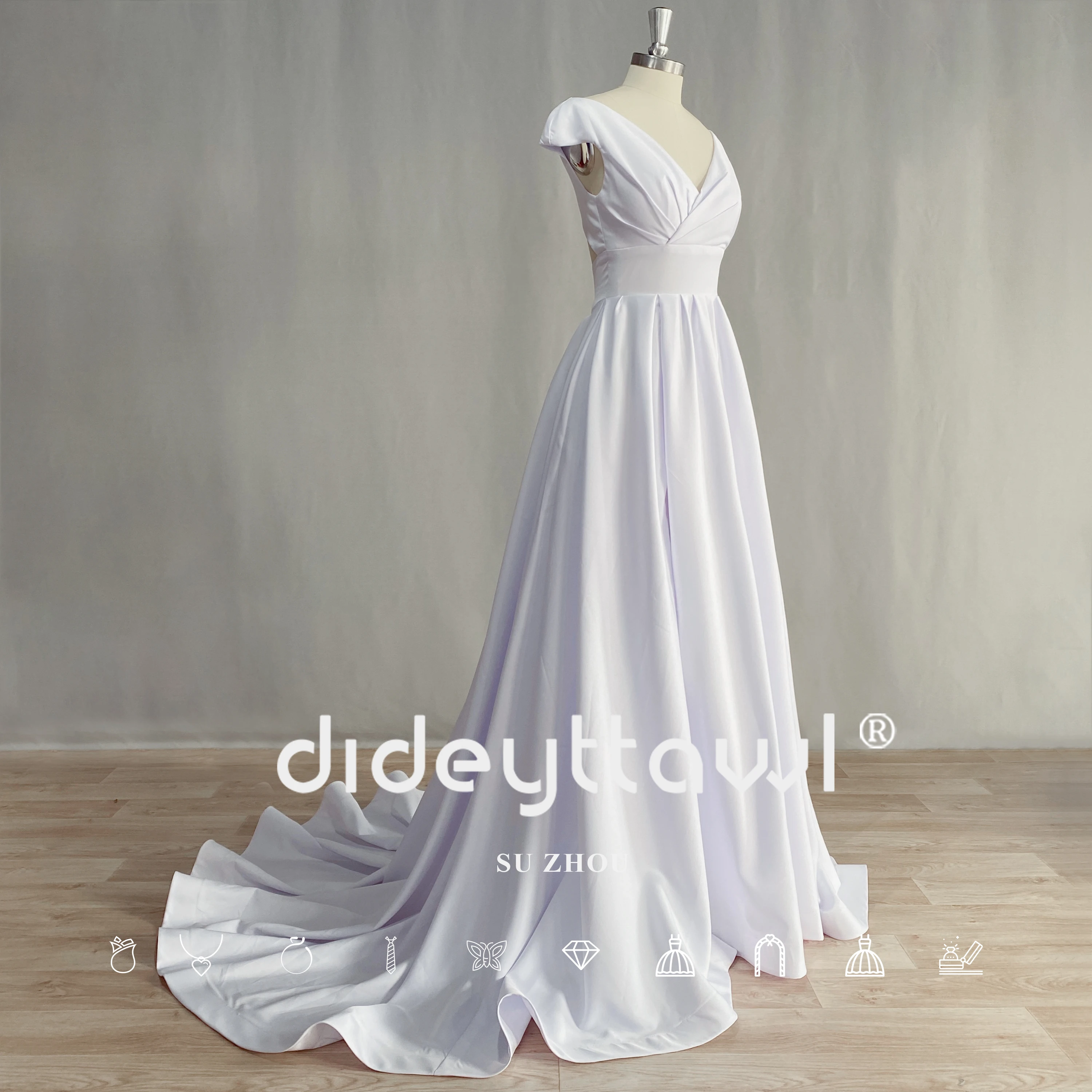 Dideyttawl Cap Sleeves Elegant Wedding Dress For Bride 2023 Plain Simple Open Back High Side Slit V Neck Bridal Gown