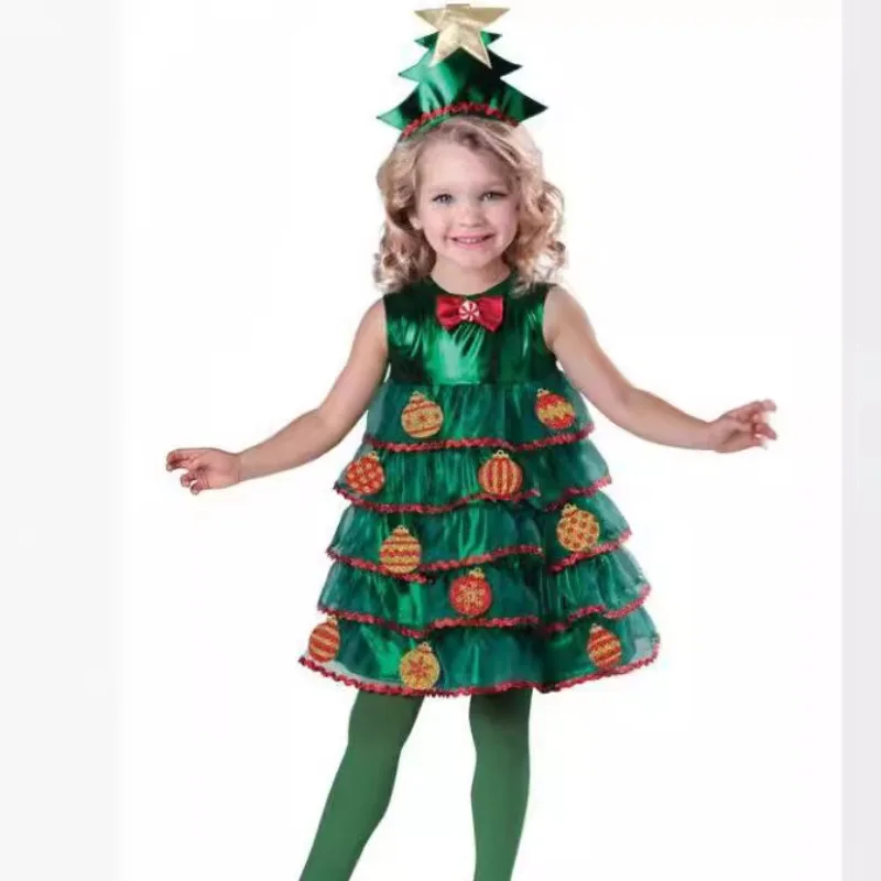 Christmas Tree Kid Cosplay Costume Stars Lights Decorate Dress Carnival Xmas Party Performance Stage Girl Fancy Dress Ecoparty