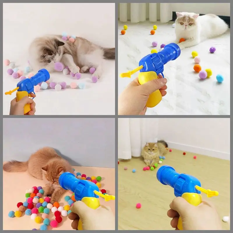 Interactive Cat Toys Launch Training Toy For Pet Kitten Creative Mini Shooting Gun Games Stretch Plush Ball Toys Pet Supplies