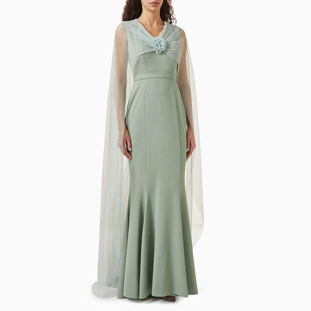 Aangepaste zeemeermin galajurk V-hals avondjurk Mouwloze formele feestjurk Vloerlengte Saoedi-jurk met Tule-sjaal