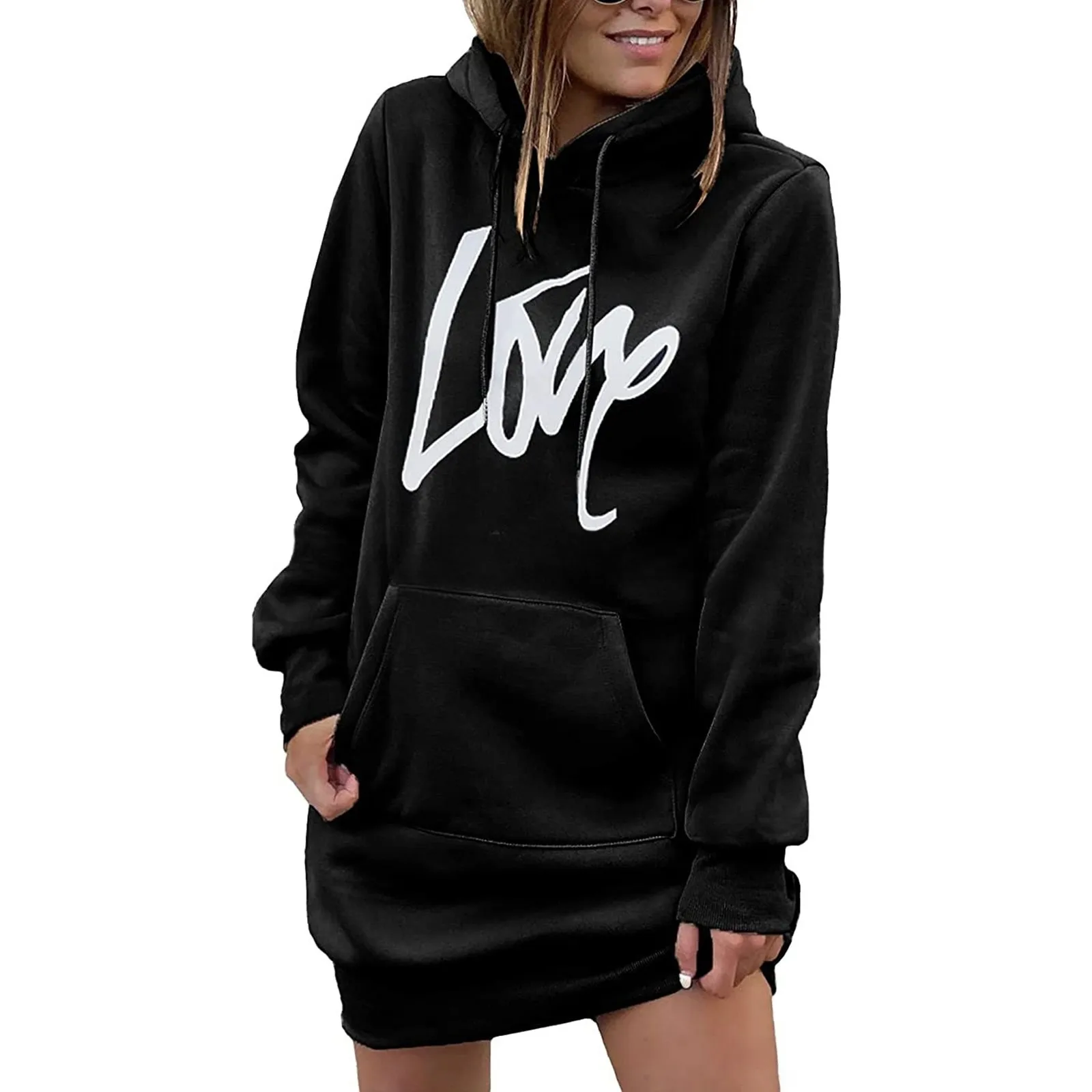 

Women's Hooded Sweatshirt Drawstring Lettering Long Sleeve Pullover Hoodie Loose Summer Dresses for Women Casual Hinge Dress