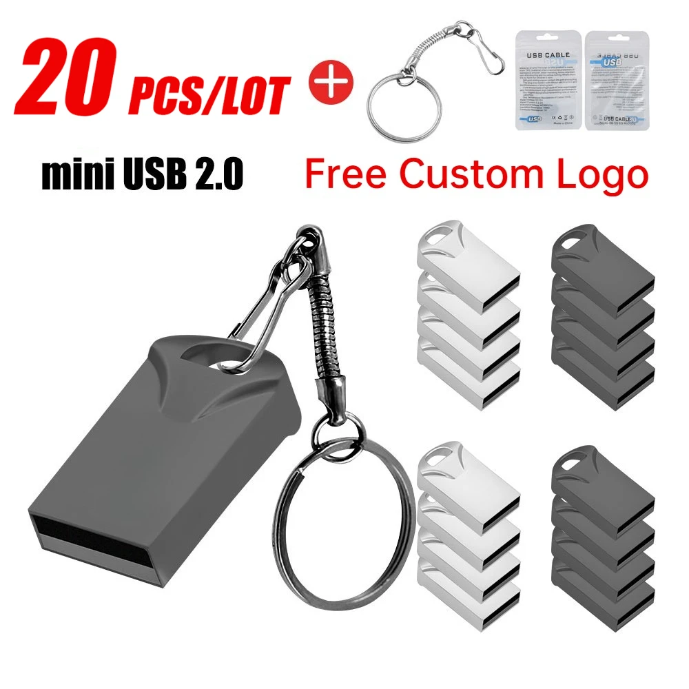 20PCS USB Flash Drive 128GB Free Custom Logo Memory Stick 64GB Super Mini Metal Pen Drive 32GB Black Silver Key Pendrive