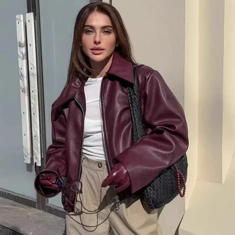 Wine Red Faux Leather Jakcet Fashion Outerwear Thicken Zipper Lapel Pu Coats Autumn Winter Streetwear Ladies Tops Women